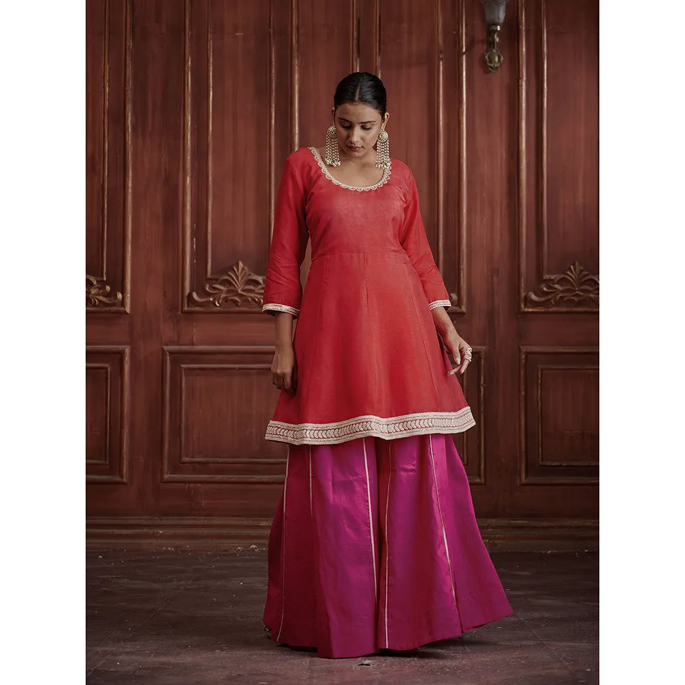 AFFROZ Rang Red-Pink Embroidered Kurti with Palazzo and Dupatta (Set of 3)