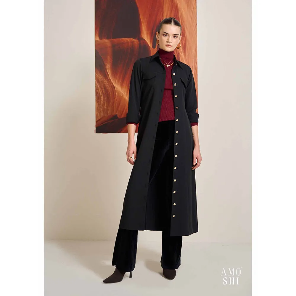 AMOSHI Black Solid/Plain Trench Detachable Belt Coat