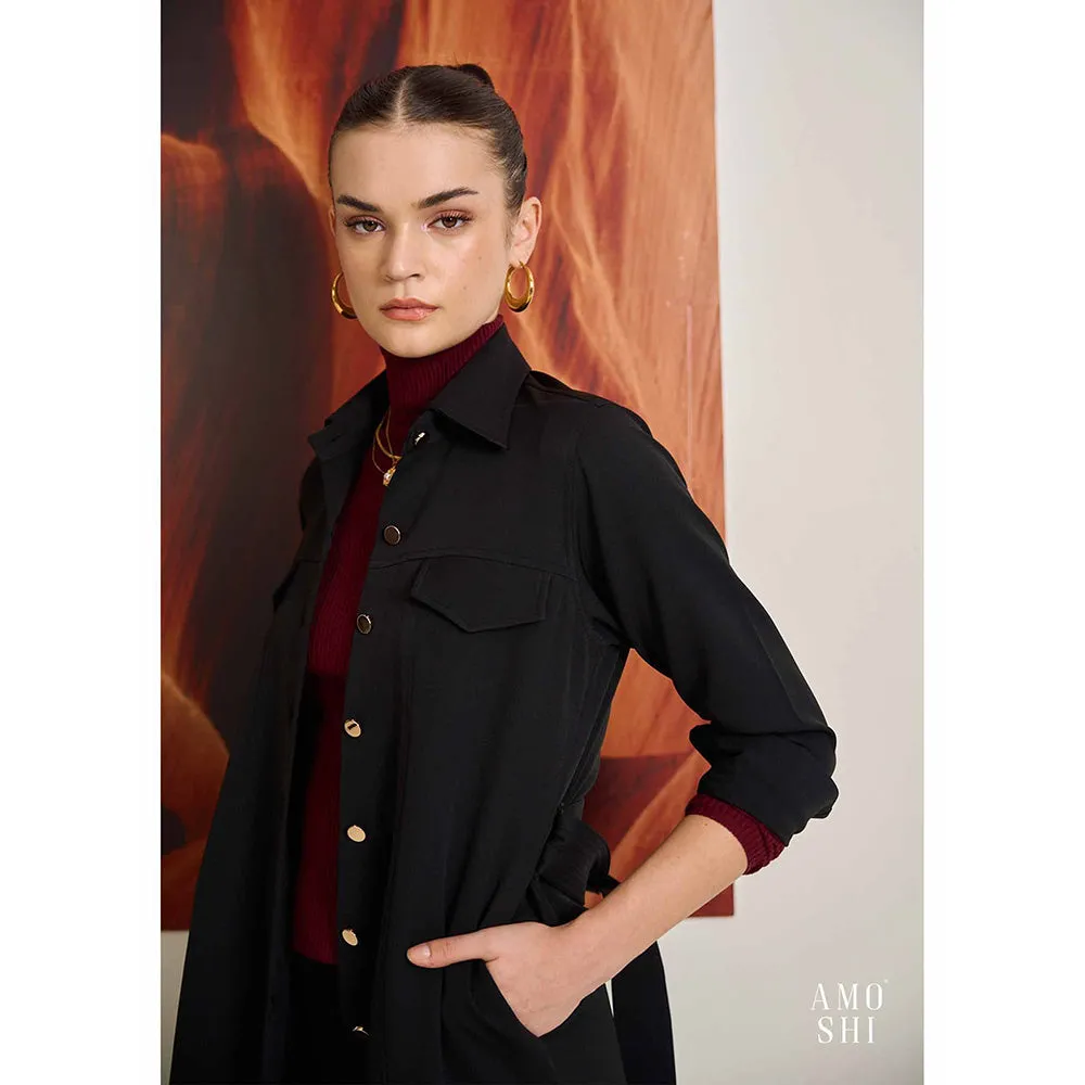 AMOSHI Black Solid/Plain Trench Detachable Belt Coat