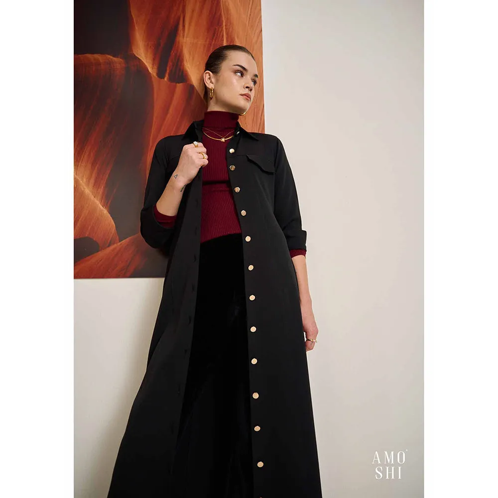 AMOSHI Black Solid/Plain Trench Detachable Belt Coat