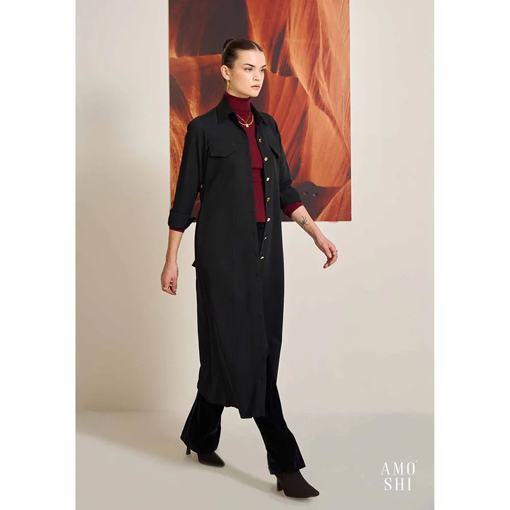 AMOSHI Black Solid/Plain Trench Detachable Belt Coat
