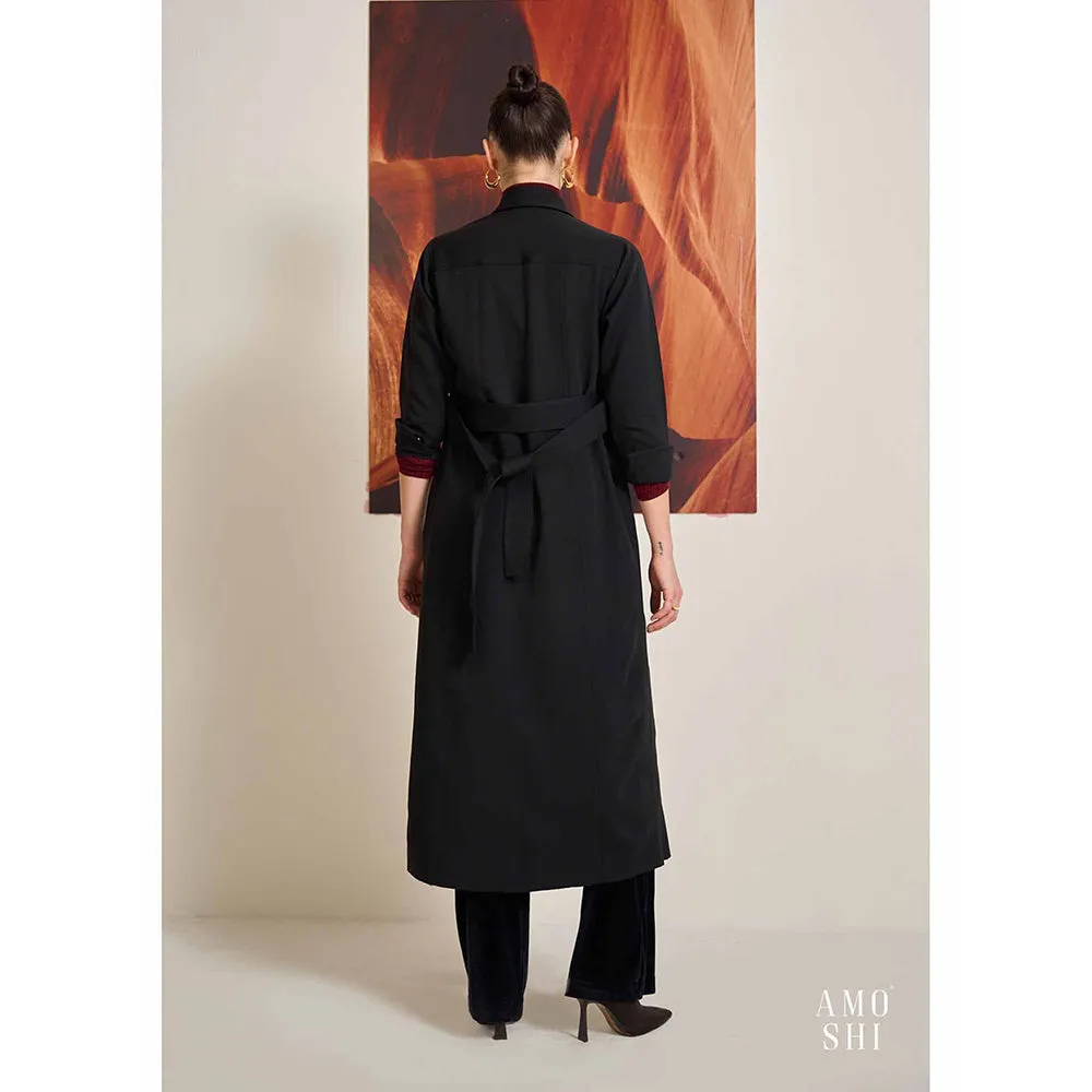 AMOSHI Black Solid/Plain Trench Detachable Belt Coat