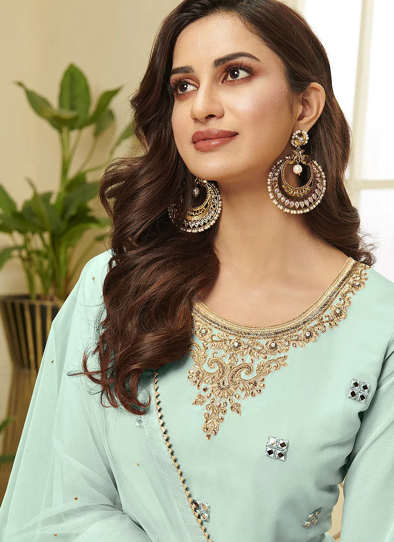 Aqua Blue Embroidered Designer Sharara Suit