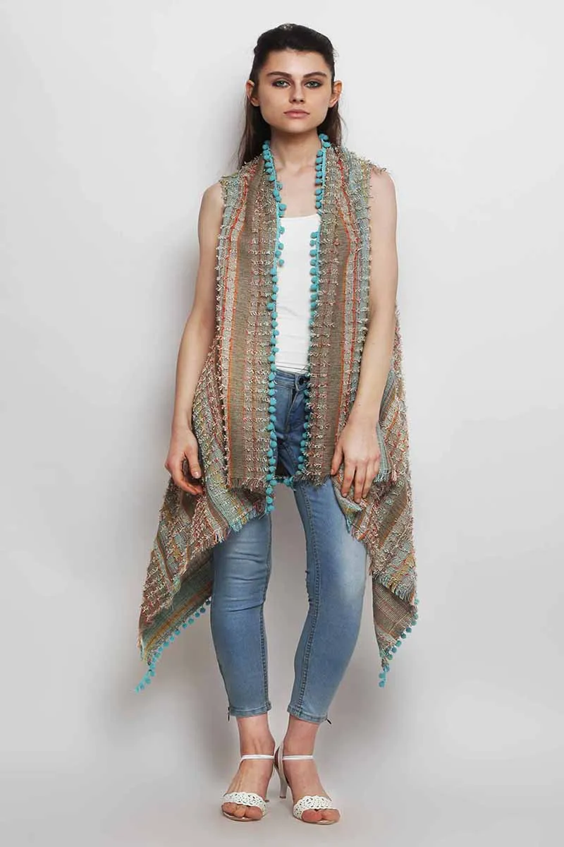 Aqua Pom Pom Fringe Cape