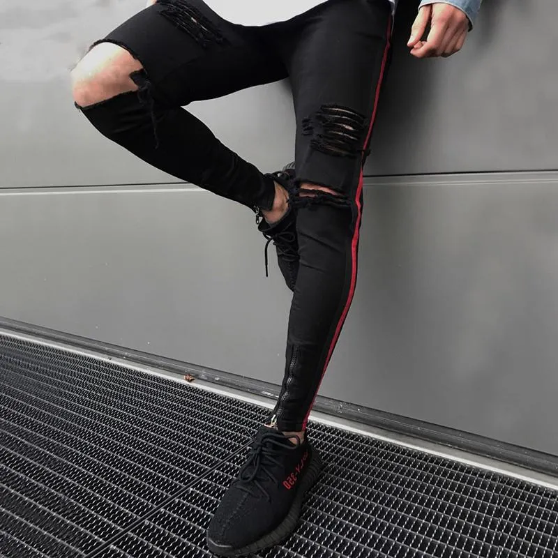Black Skinny Ripped Side Stripe/Ankle Zipper Jeans
