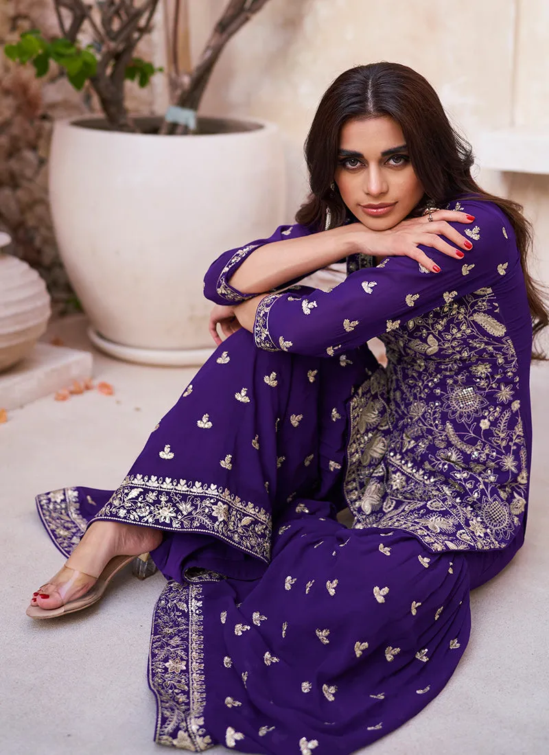 Dark Blue Embroidery Traditional Sharara Suit