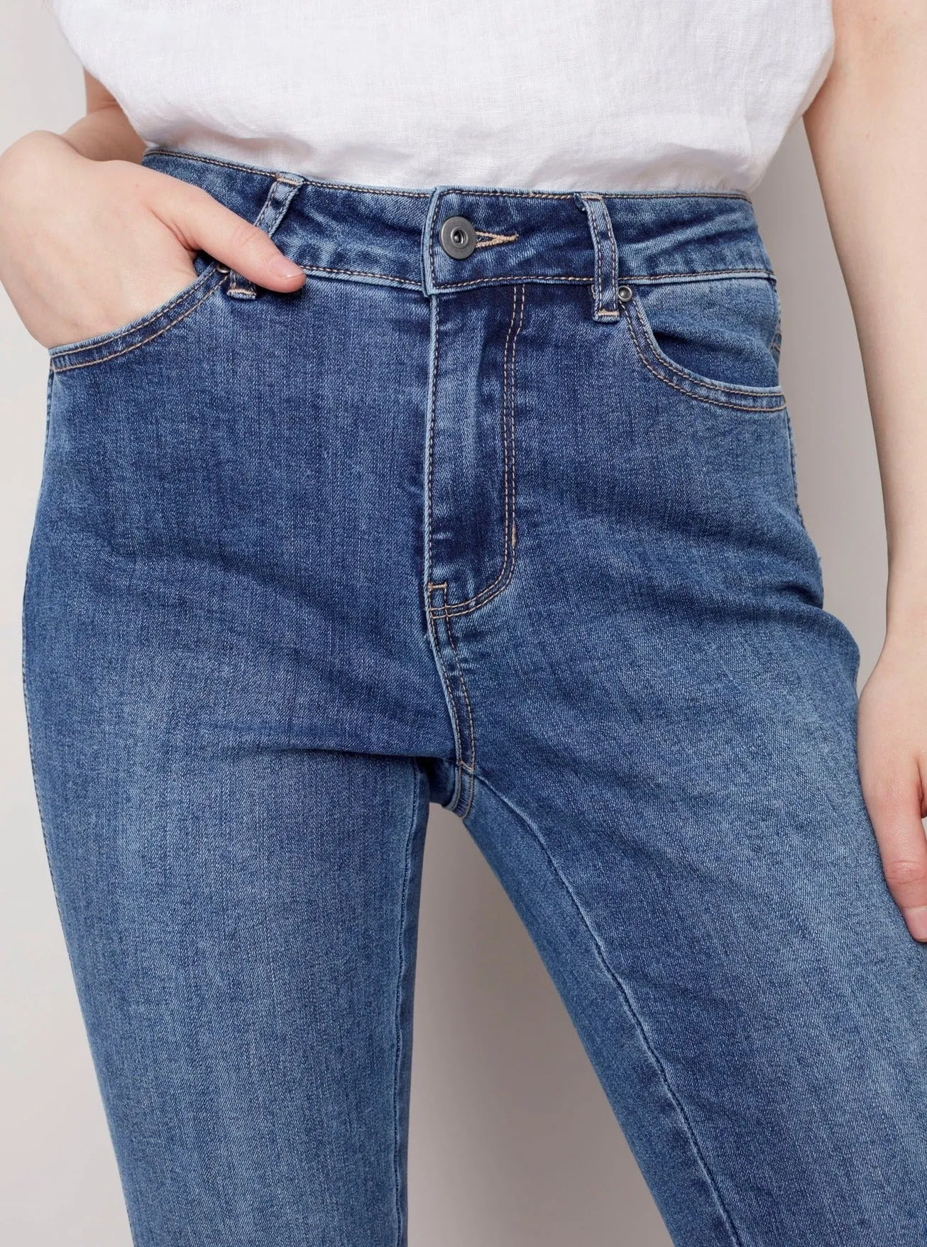 Denim Pant With Tulip Fray Leg Opening [Blue-C5405]