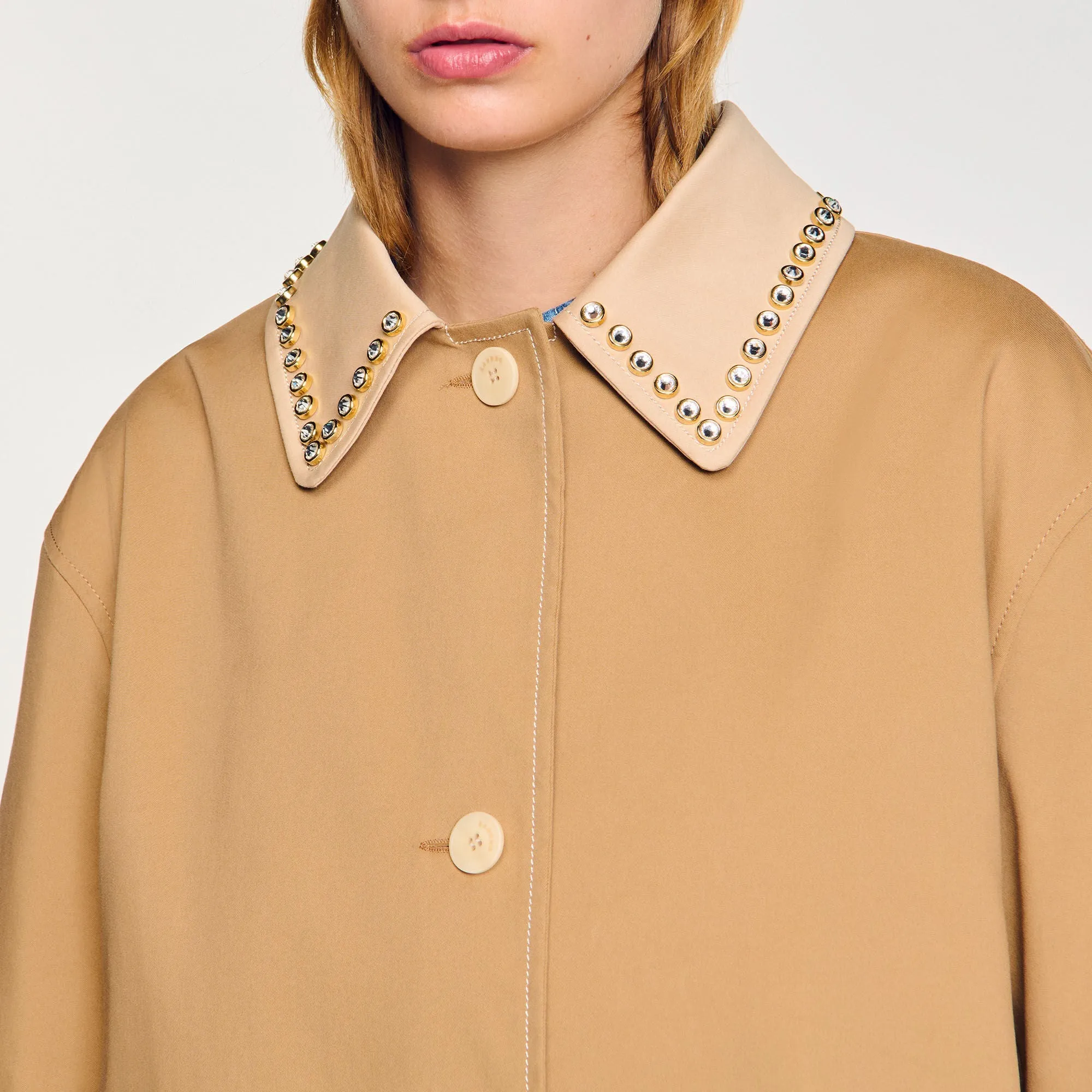 Diderot Trench Coat With Rhinestone Collar Camel