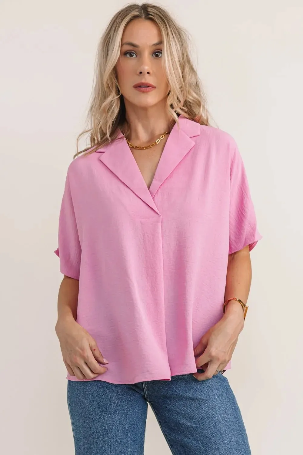Ember Pink Collared Crinkled Blouse - Final Sale