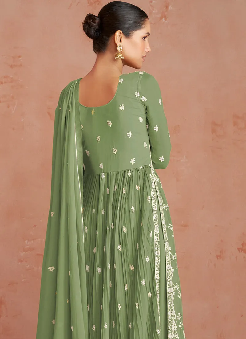 Green Georgette Thread Embroidered Palazzo Suit
