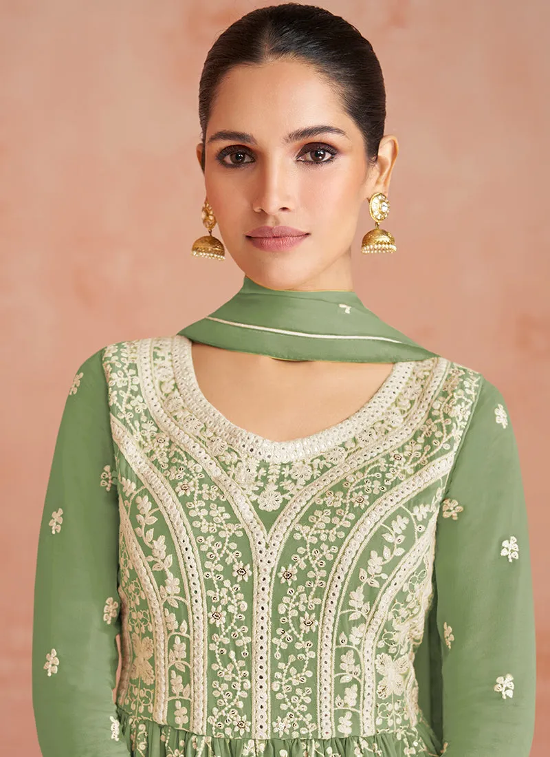 Green Georgette Thread Embroidered Palazzo Suit