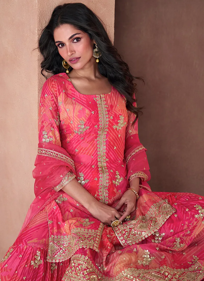 Hot Pink Sequence Embroidery Printed Gharara suit