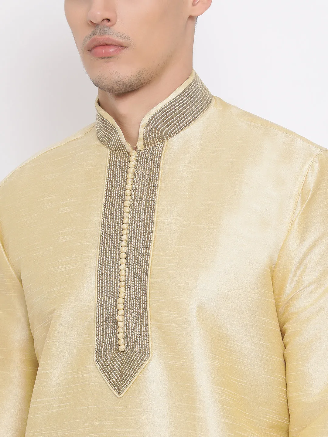 Jashvi Men's Gold Cotton Silk Blend Kurta