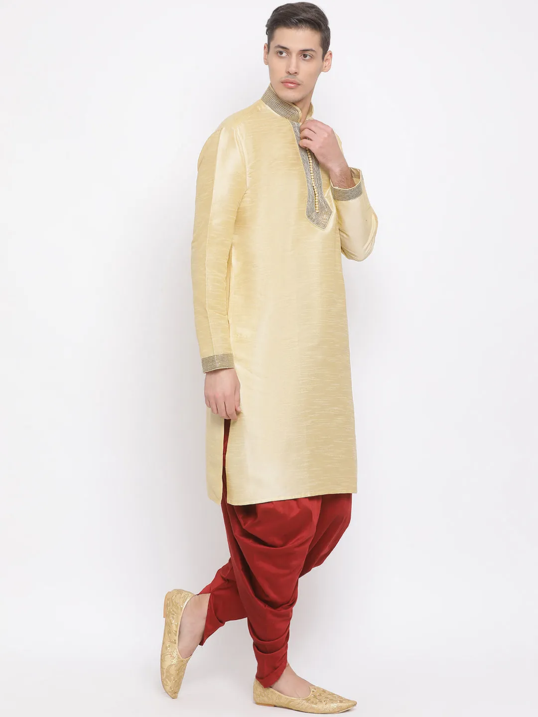 Jashvi Men's Gold Cotton Silk Blend Kurta