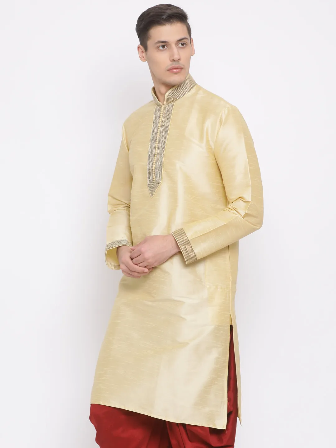 Jashvi Men's Gold Cotton Silk Blend Kurta