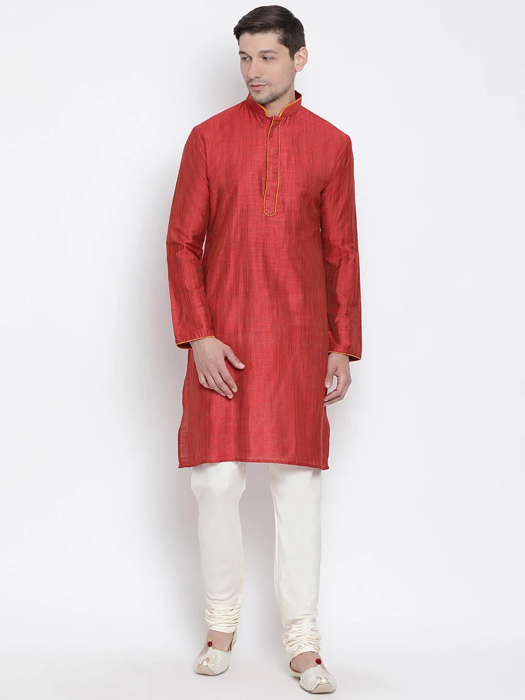 Jashvi Men's Maroon Cotton Silk Blend Kurta