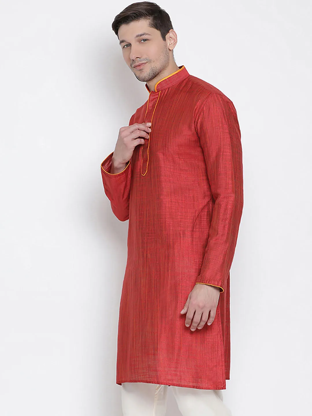Jashvi Men's Maroon Cotton Silk Blend Kurta
