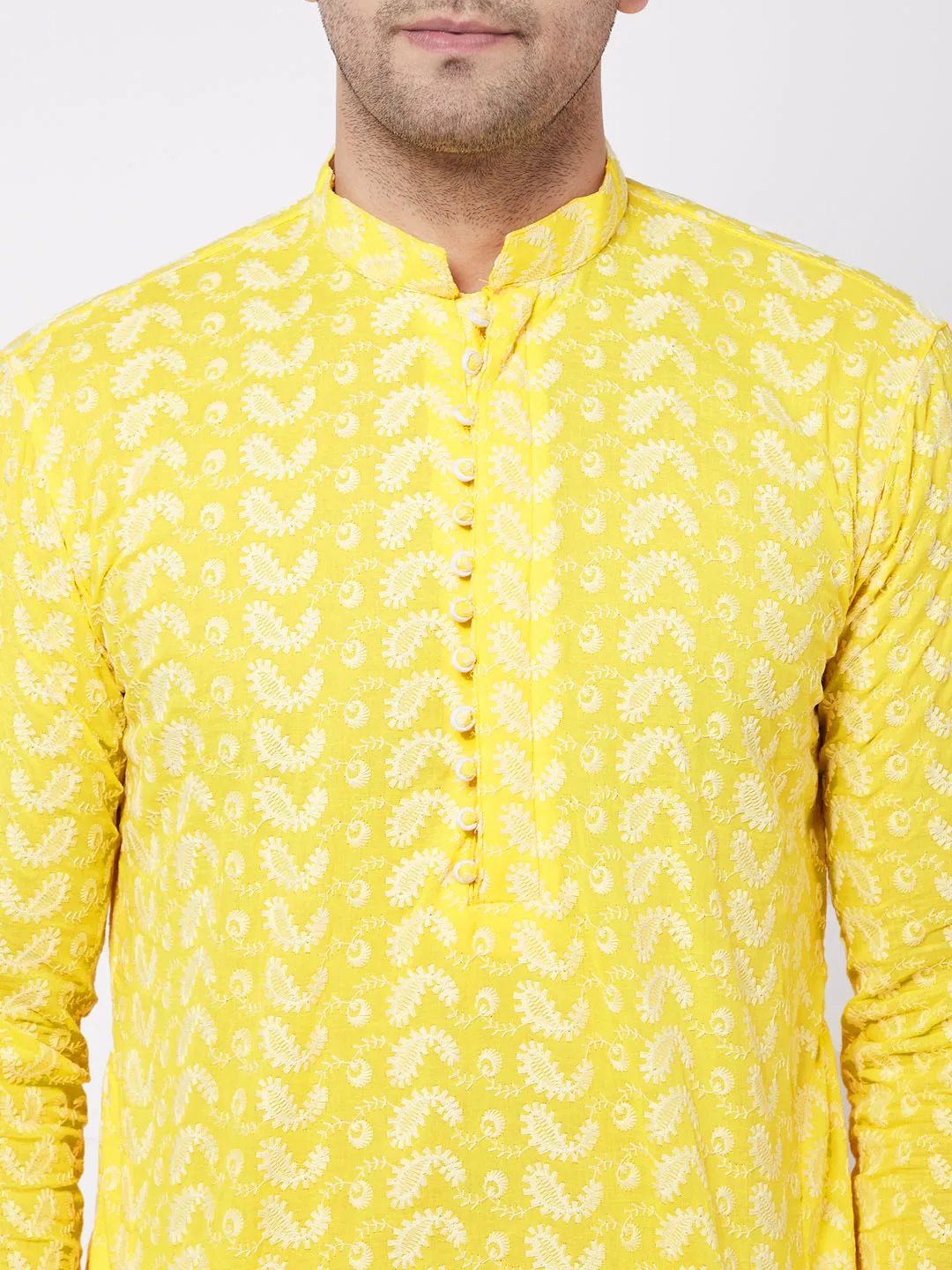 Jashvi Men's Mustard Pure Cotton Chikankari Kurta