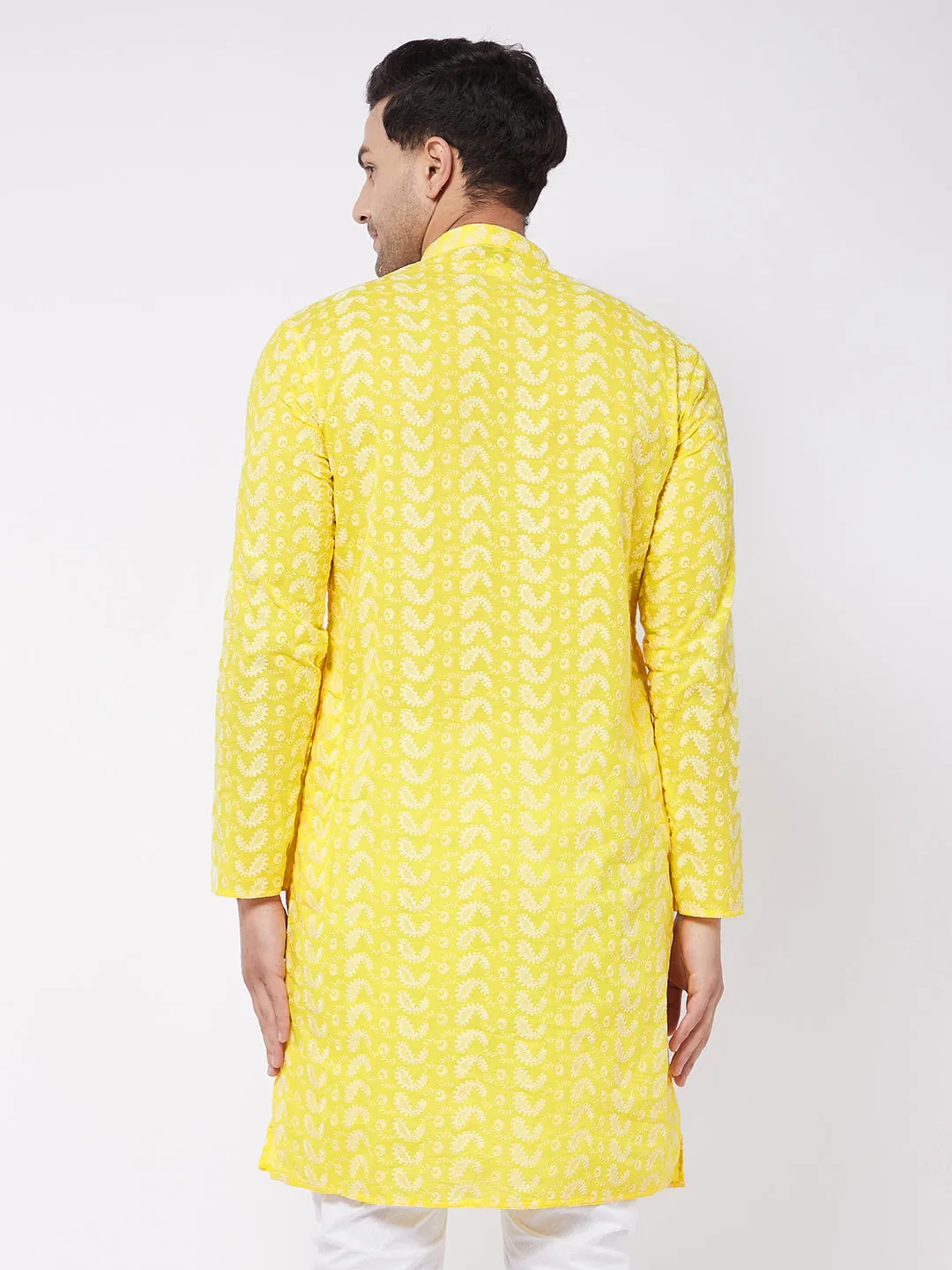 Jashvi Men's Mustard Pure Cotton Chikankari Kurta