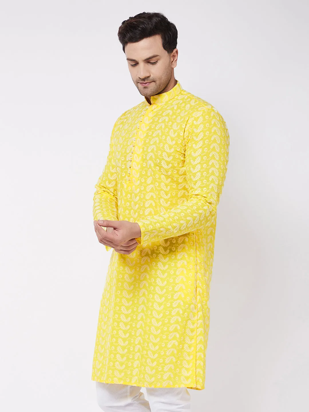 Jashvi Men's Mustard Pure Cotton Chikankari Kurta
