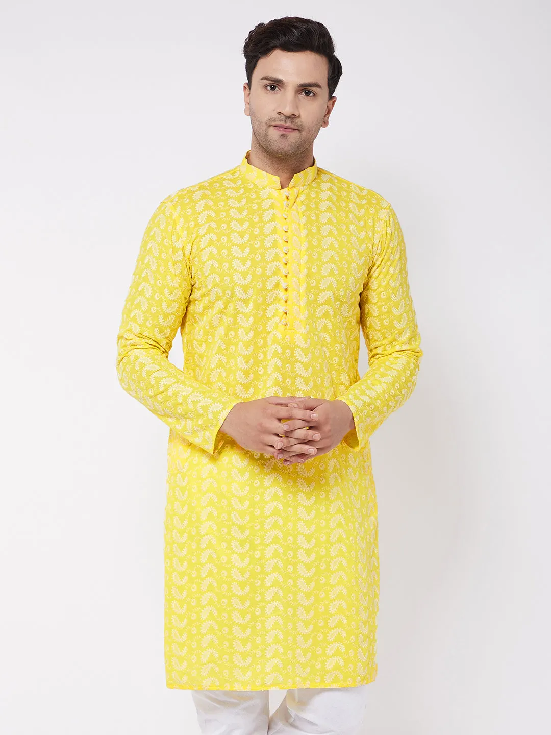 Jashvi Men's Mustard Pure Cotton Chikankari Kurta