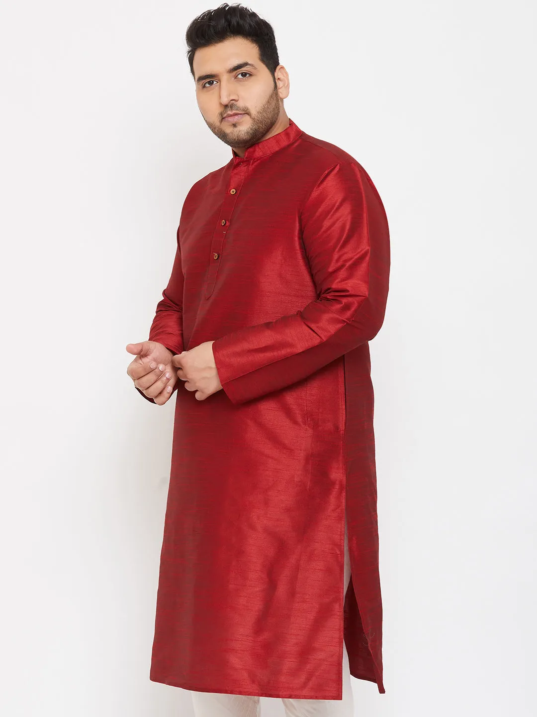 Jashvi Men's Plus Size Maroon Silk Blend Kurta