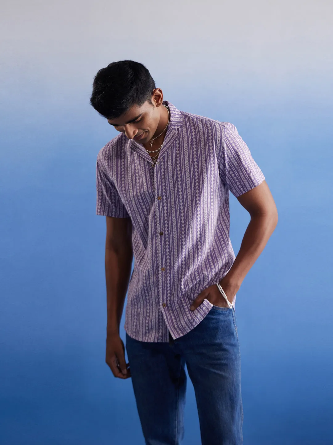 Jashvi Men's Purple Striped Woven Cotton Shirt