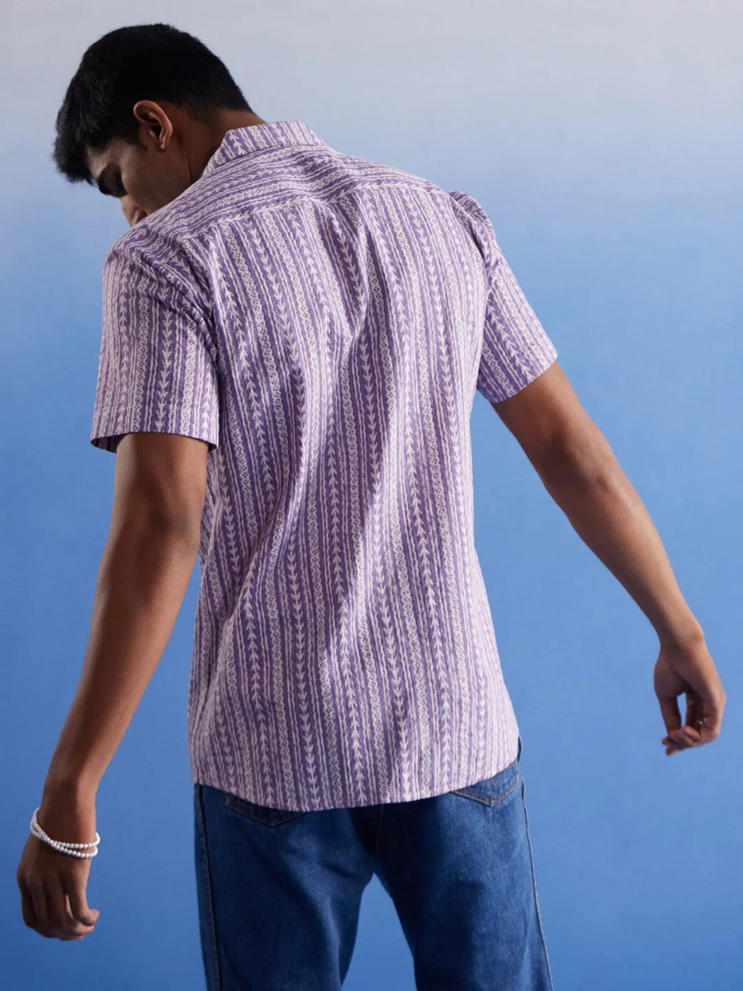 Jashvi Men's Purple Striped Woven Cotton Shirt