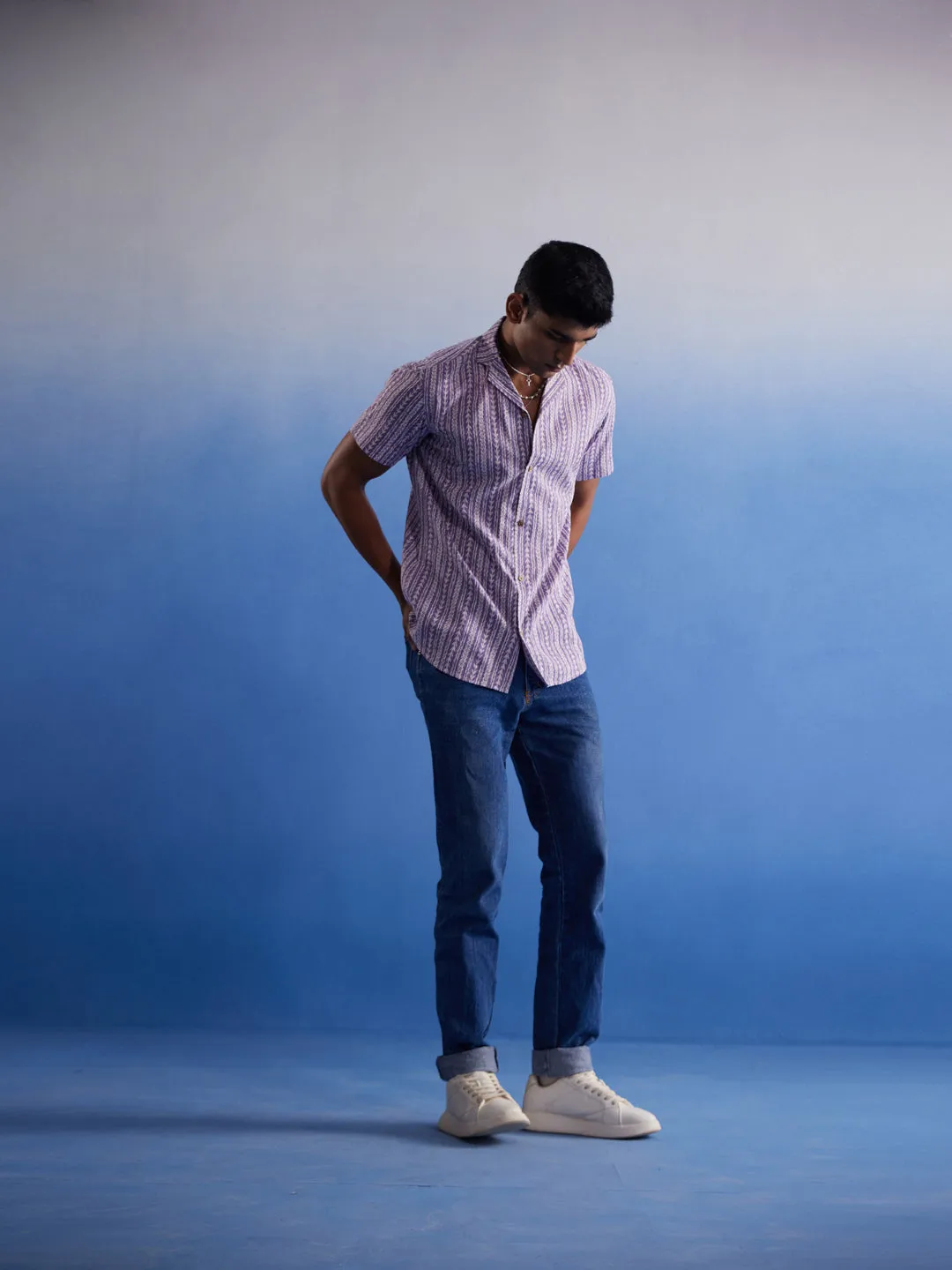 Jashvi Men's Purple Striped Woven Cotton Shirt