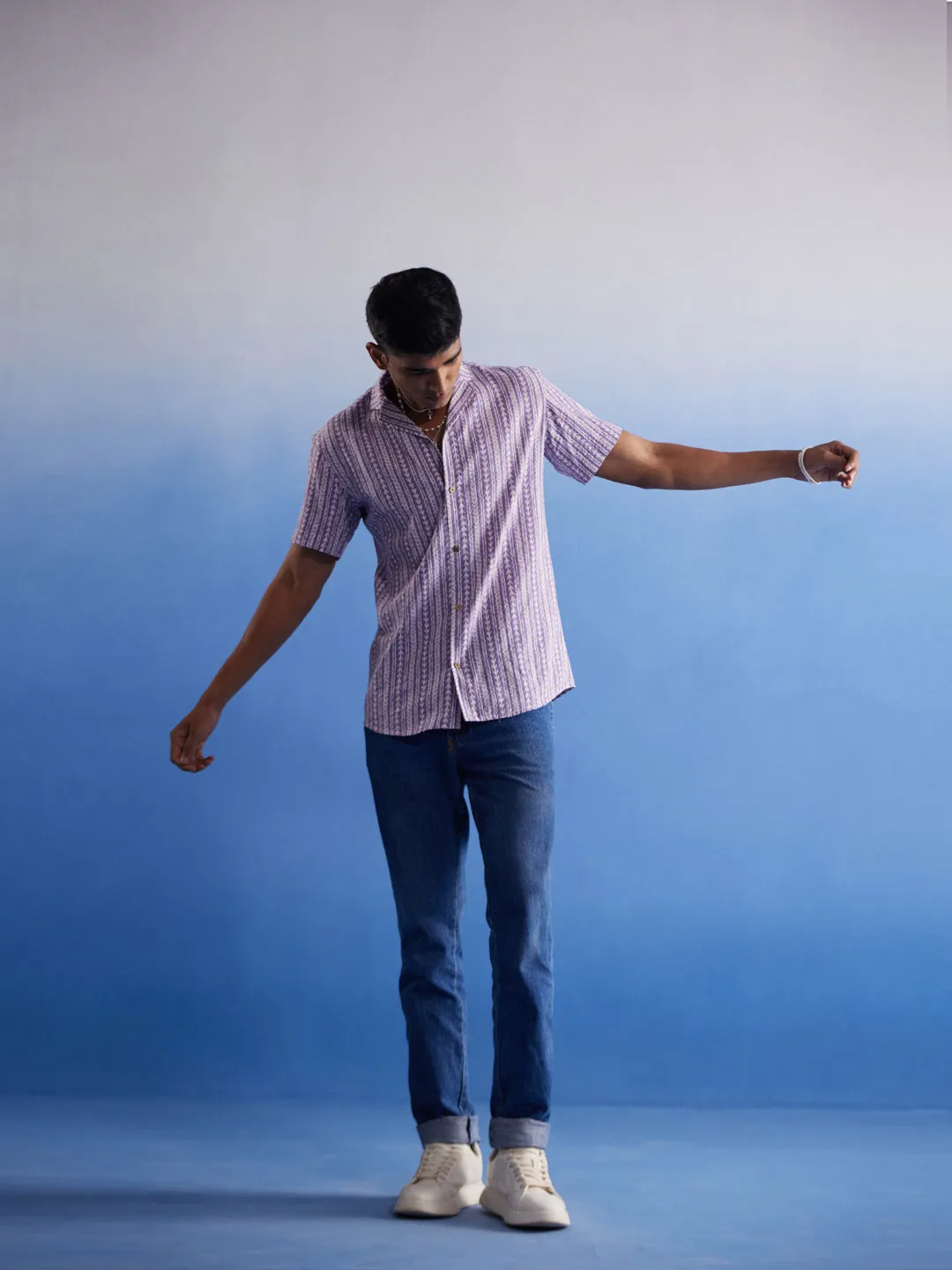 Jashvi Men's Purple Striped Woven Cotton Shirt