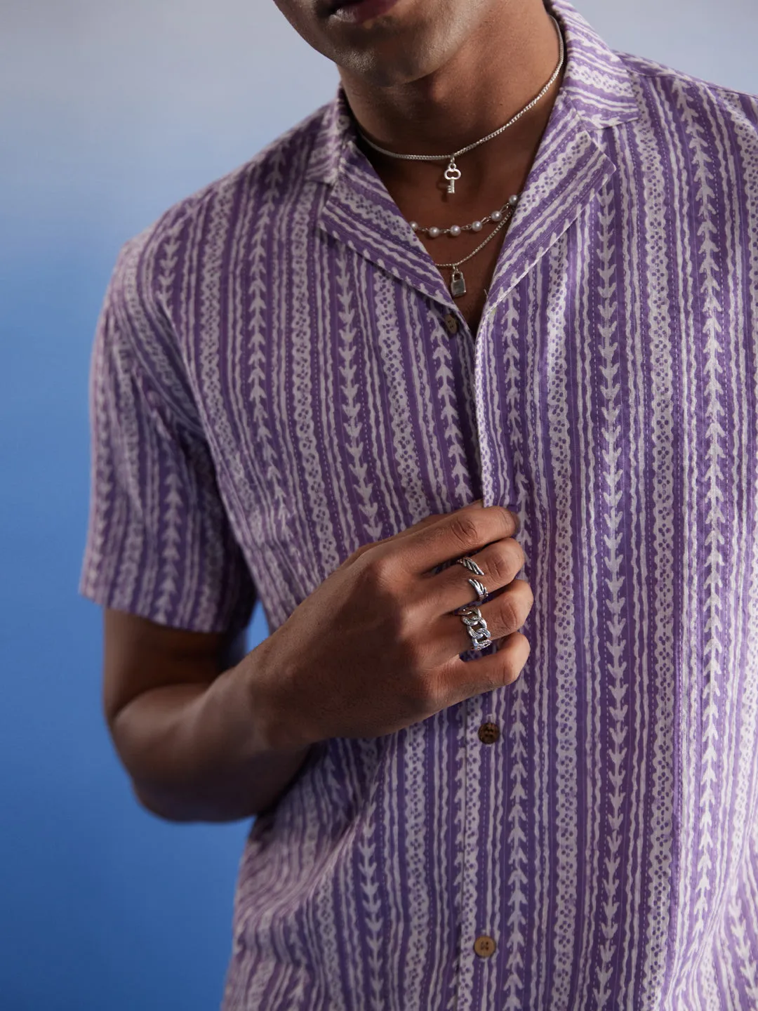 Jashvi Men's Purple Striped Woven Cotton Shirt