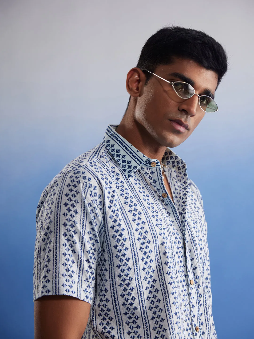 Jashvi Men's White And Blue Kantha Stich Cotton Shirt