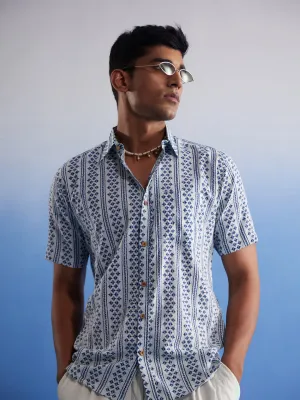 Jashvi Men's White And Blue Kantha Stich Cotton Shirt
