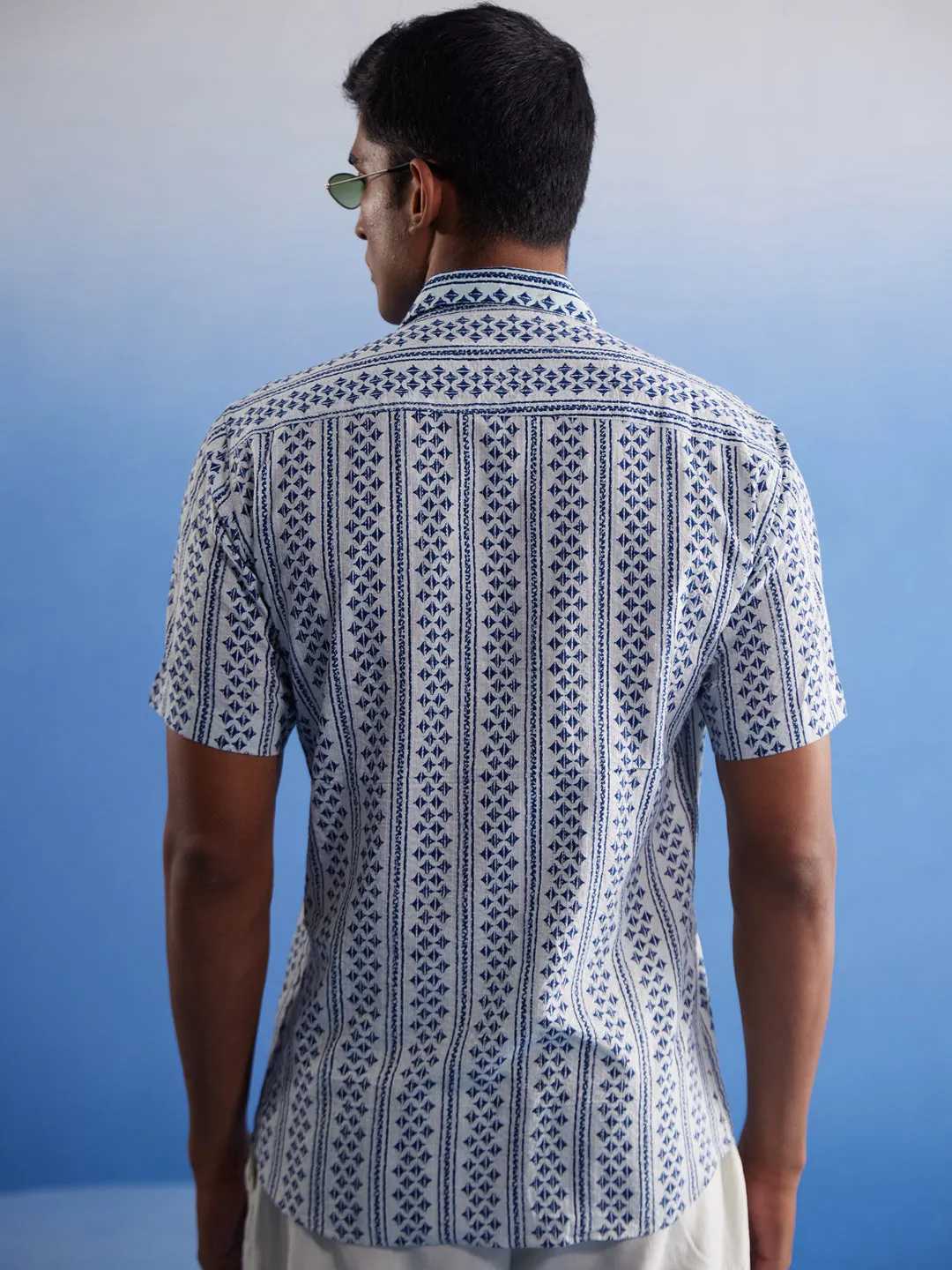 Jashvi Men's White And Blue Kantha Stich Cotton Shirt