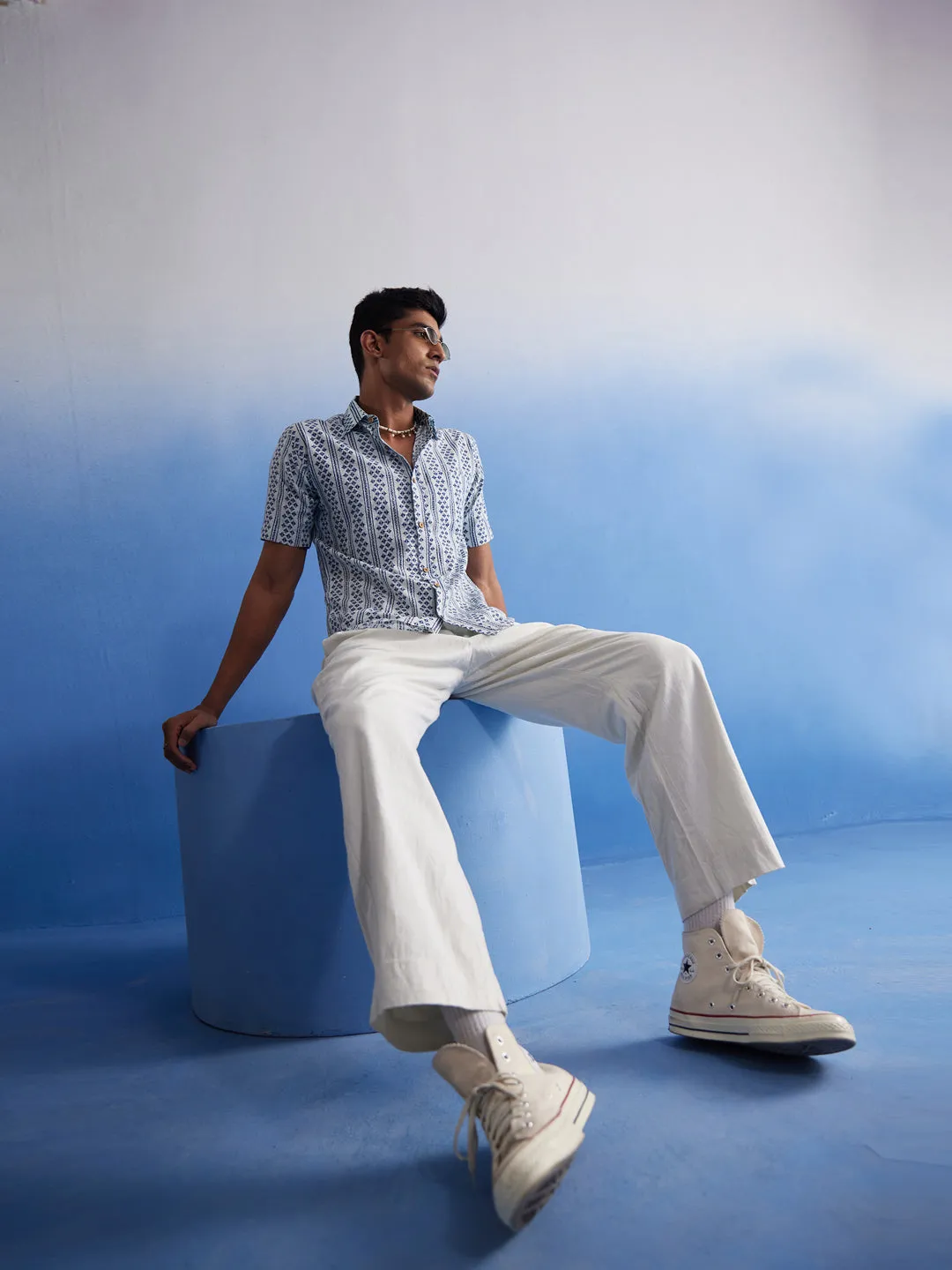 Jashvi Men's White And Blue Kantha Stich Cotton Shirt