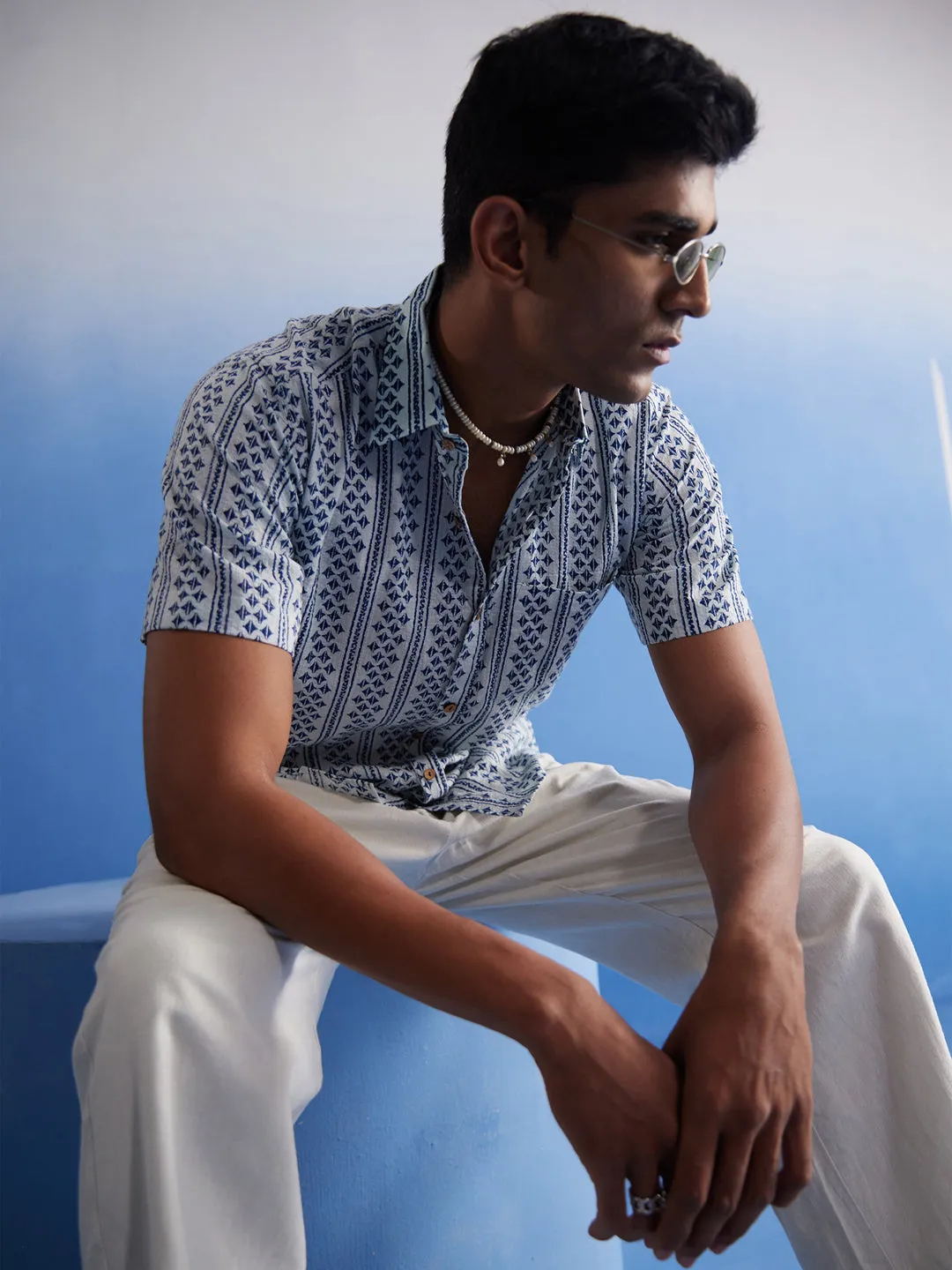 Jashvi Men's White And Blue Kantha Stich Cotton Shirt