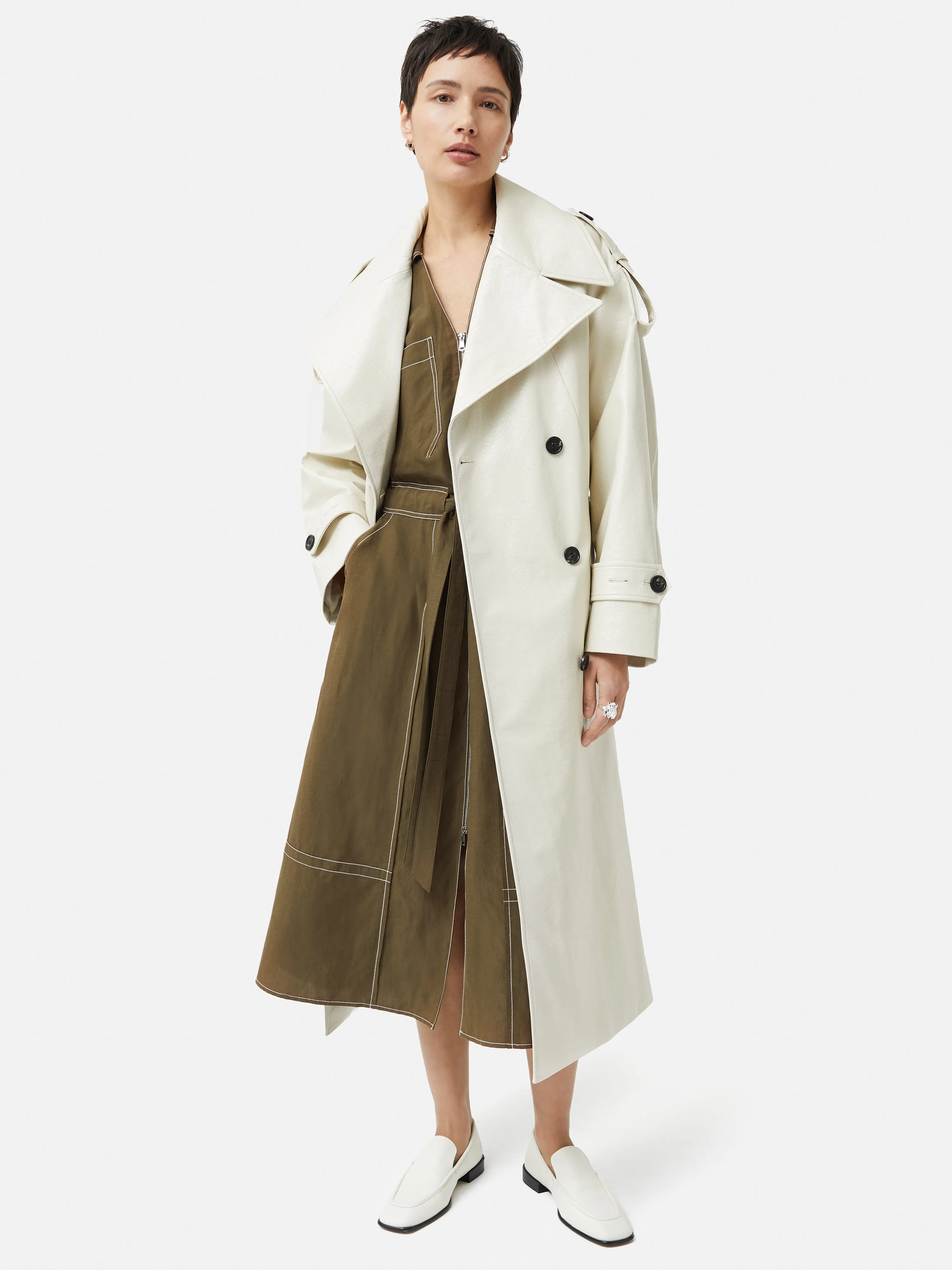 Linen Lyocell Stitched Dress | Dark Khaki