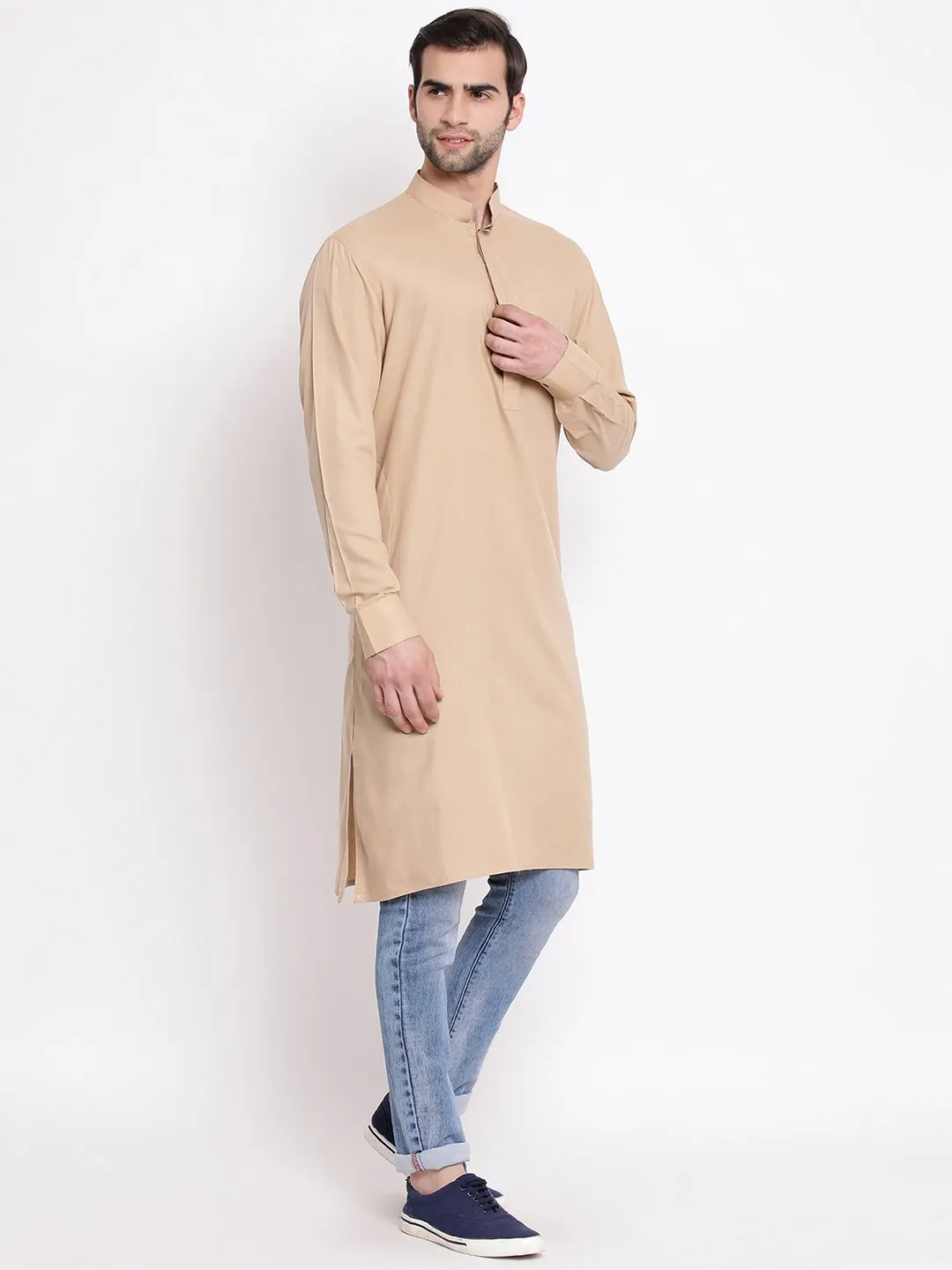Men's Beige Cotton Blend Kurta - Vastramay