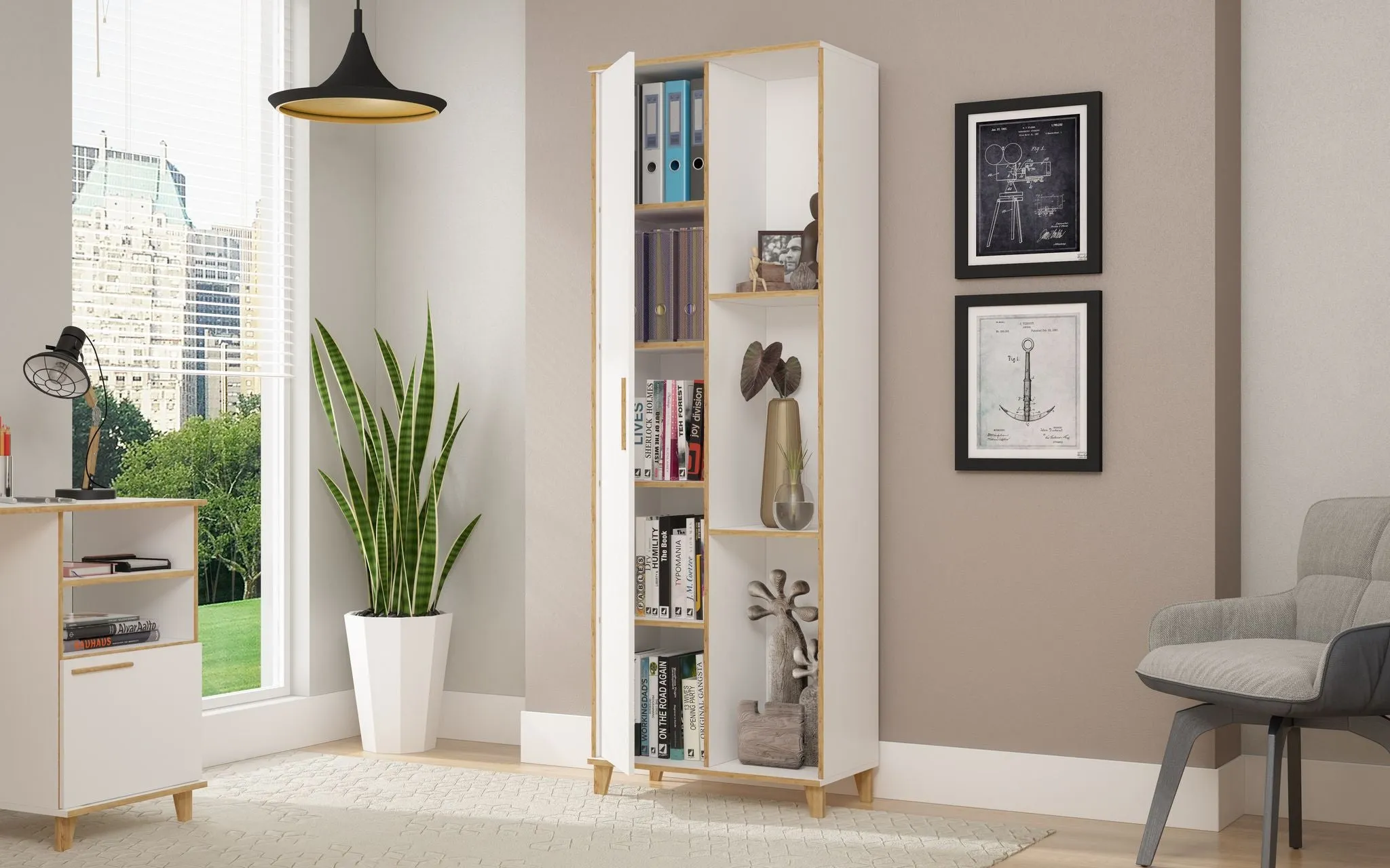 Minetta 8-Shelf Mid-Century China Storage Closet in White