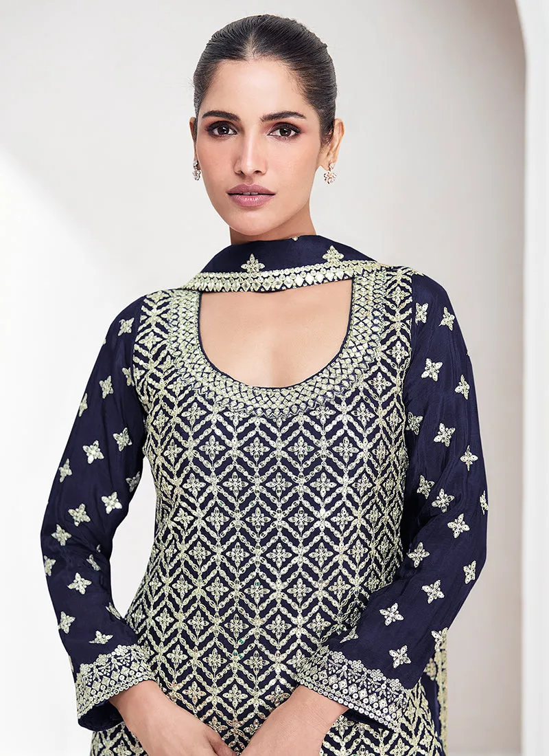 Navy Blue Reshamkari Embroidery Palazzo Suit