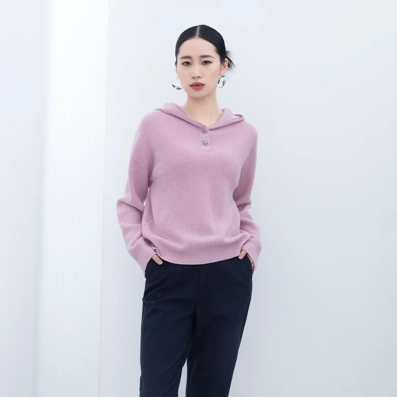 Pink Long Sleeve Wool Hoodie Sweater