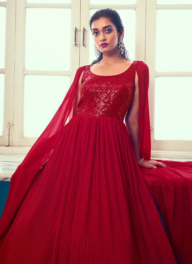 Red Sequence Embroidery Cape Style Designer Gown