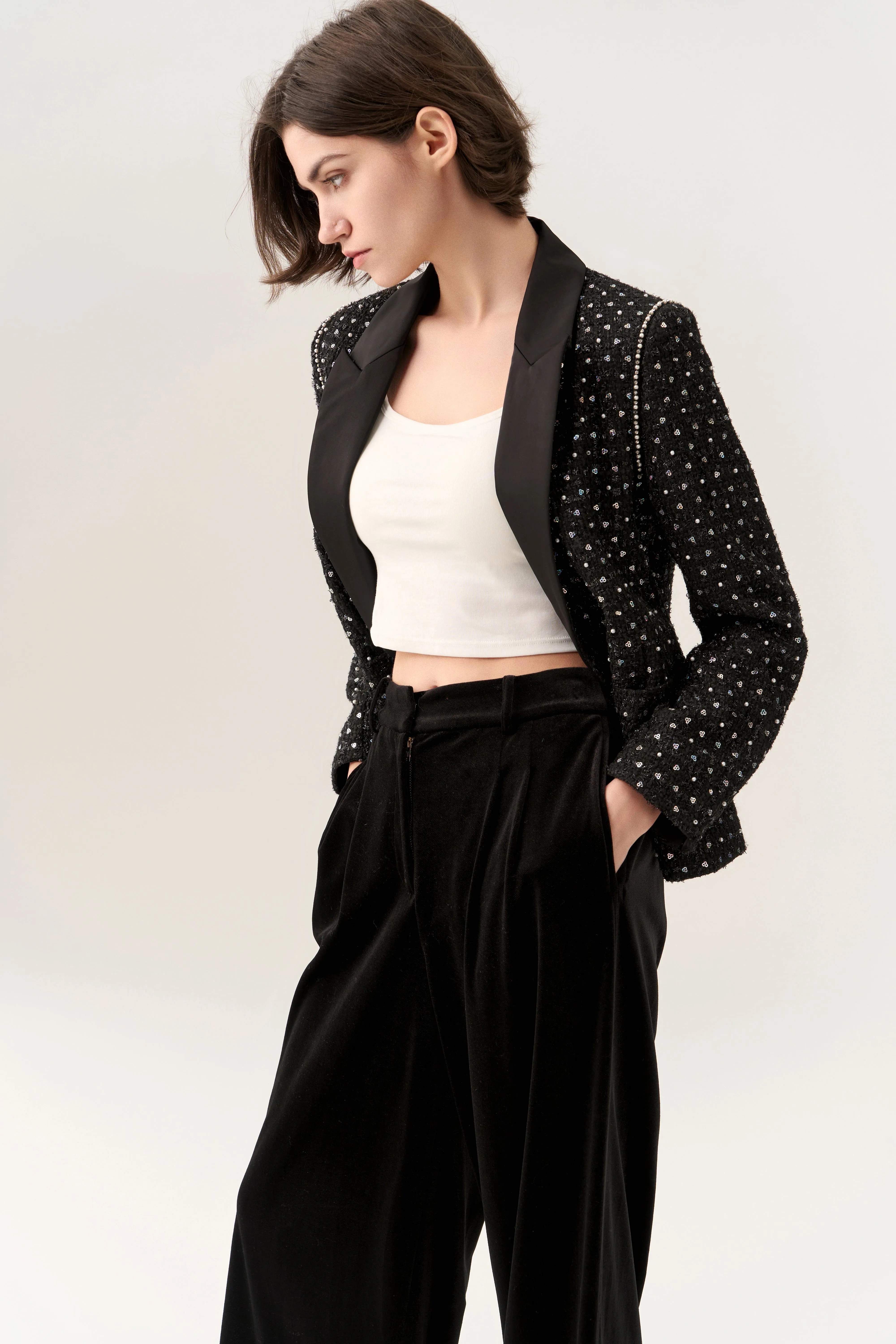 Sequin-and-pearl Embellished Peak Lapel Jacket