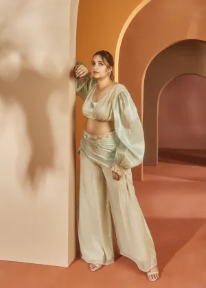 Soha Pista Green Satin Co-ord Set