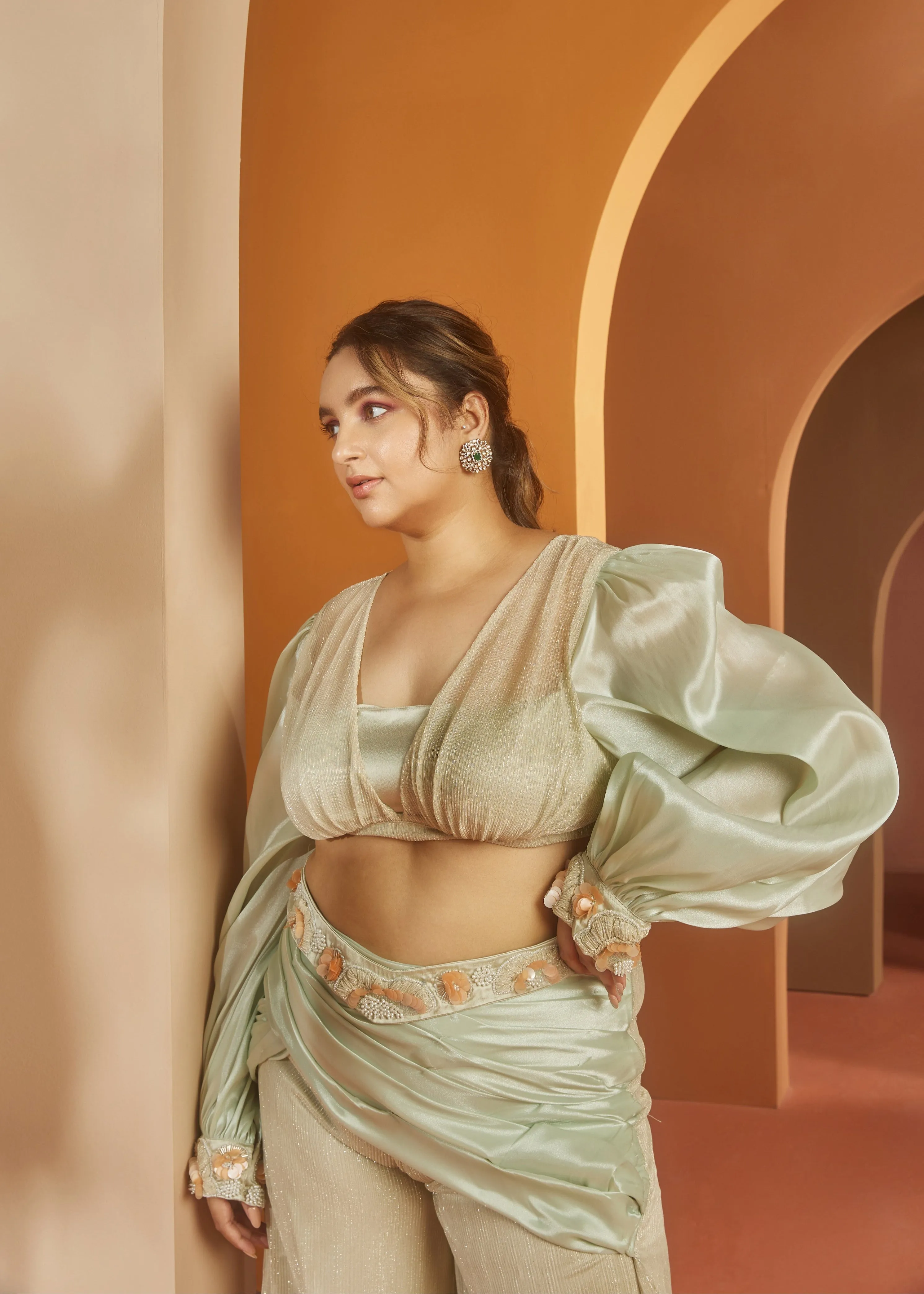 Soha Pista Green Satin Co-ord Set
