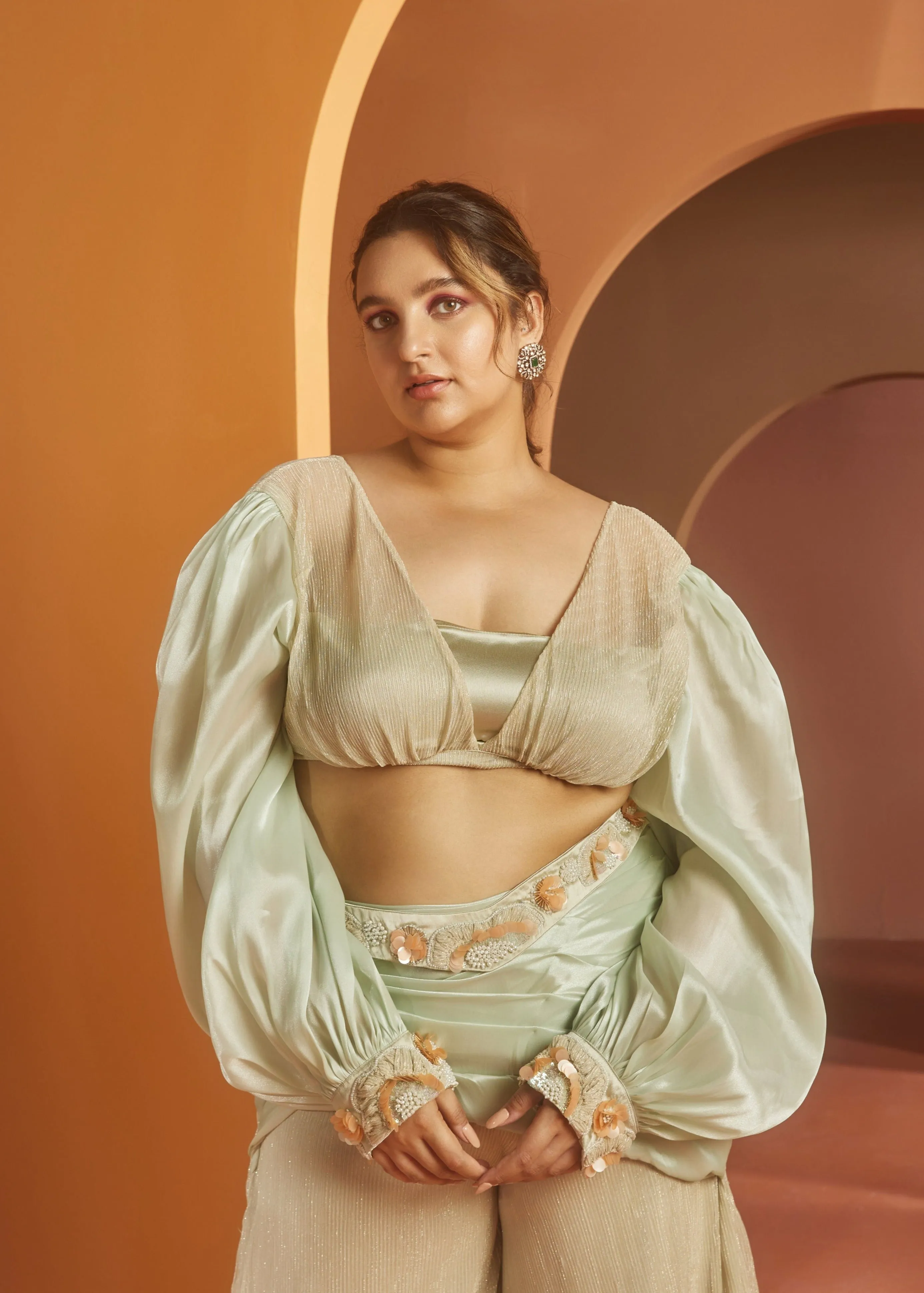 Soha Pista Green Satin Co-ord Set