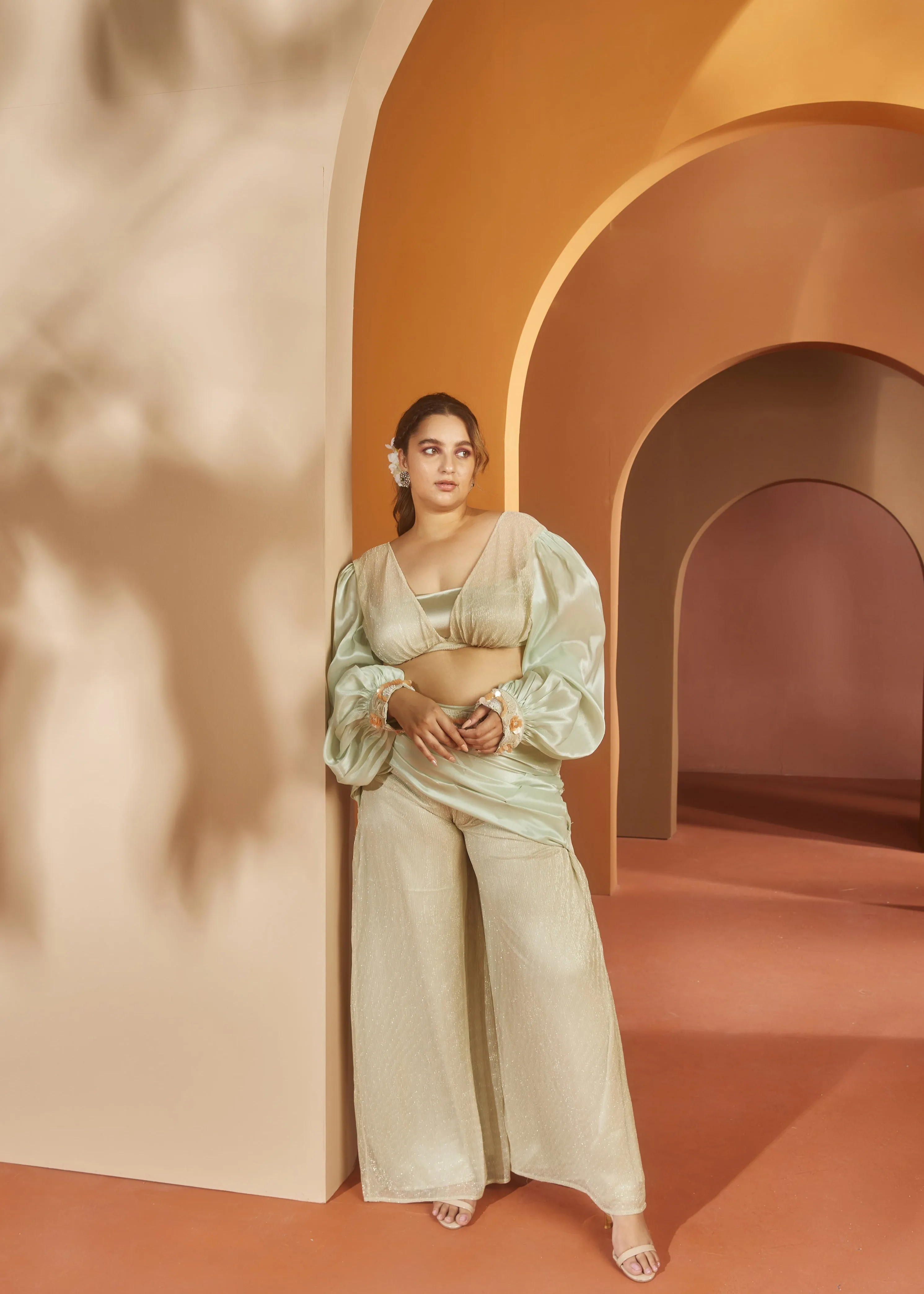 Soha Pista Green Satin Co-ord Set
