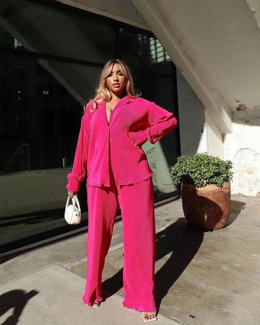 Solid Rushed Turn-down Collar Blouse Long Pants Casual outfits