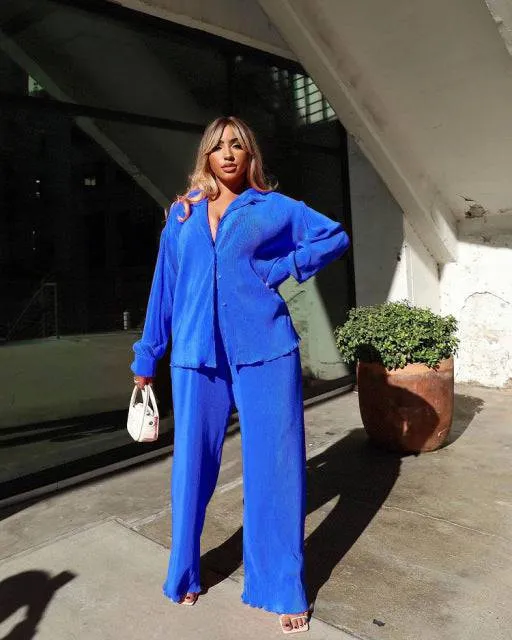 Solid Rushed Turn-down Collar Blouse Long Pants Casual outfits