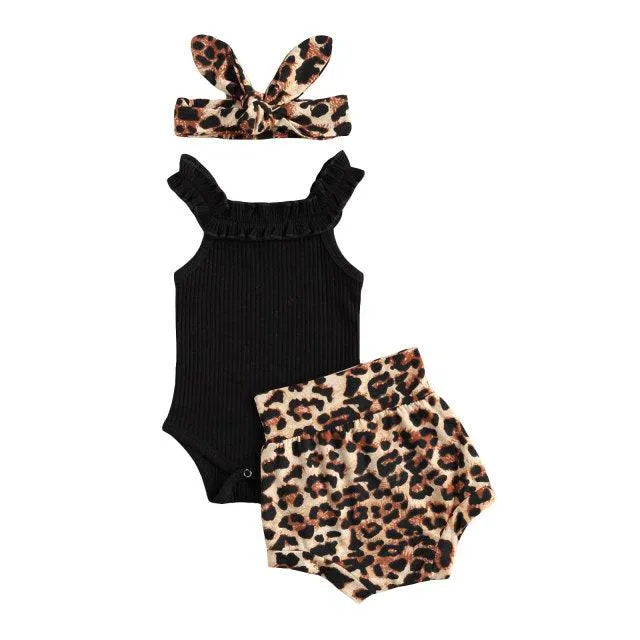Toddler Infant Baby Girl Cotton Casual Outfits Set. Leopard Shorts plus Headband